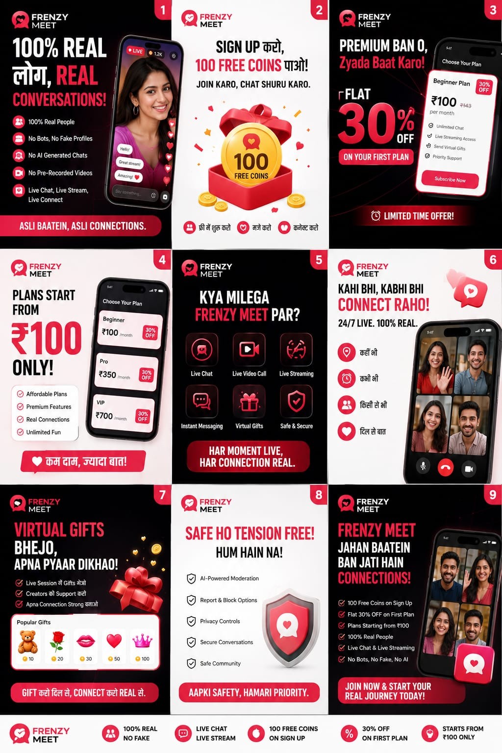 Frenzy Meet campaign highlighting live conversations, free coins, plans and safety